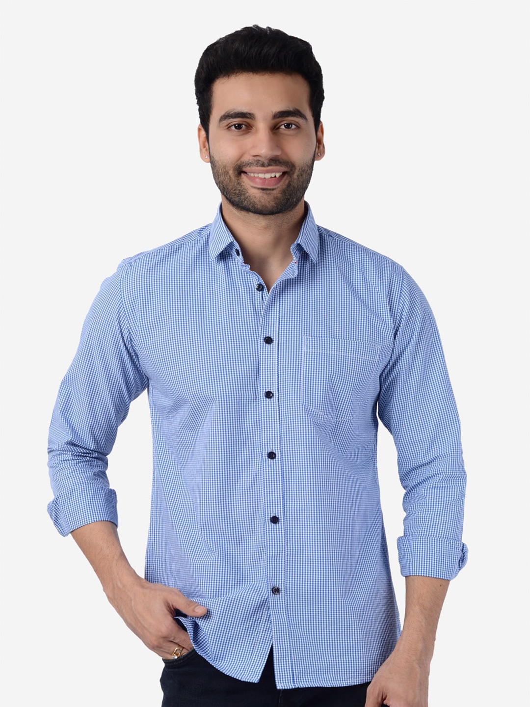 

5TH ANFOLD Men Blue Slim Fit Checked Pure Cotton Casual Shirt