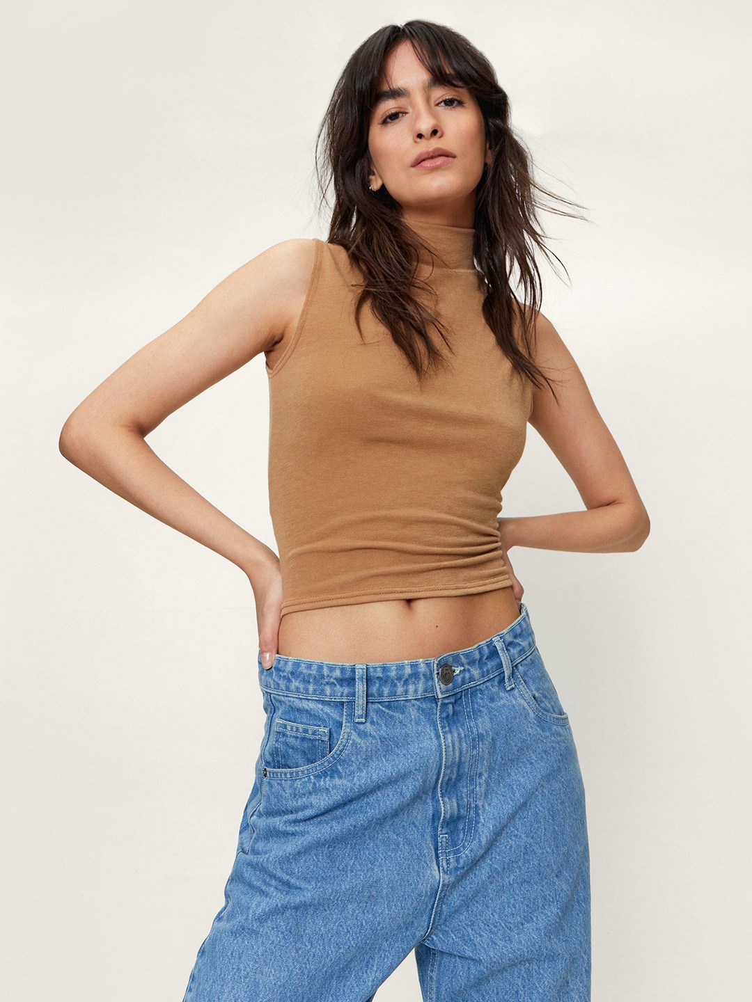 

NASTY GAL Beige Sleeveless Crop Top