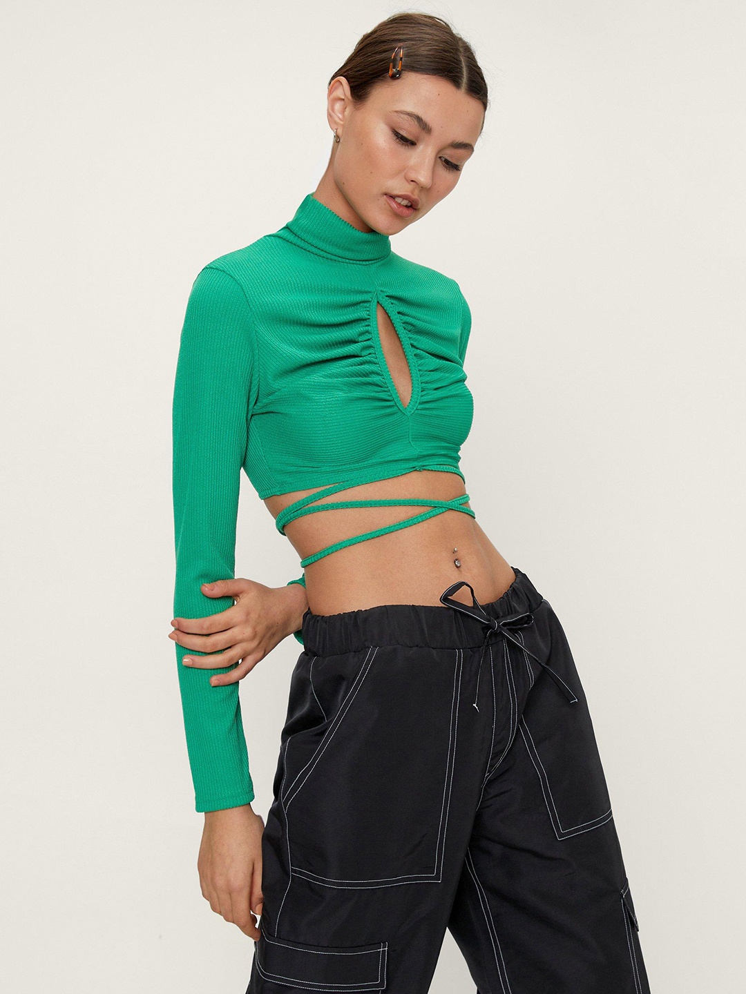 

NASTY GAL Green Cut-Out Ruched Detail Crop Top