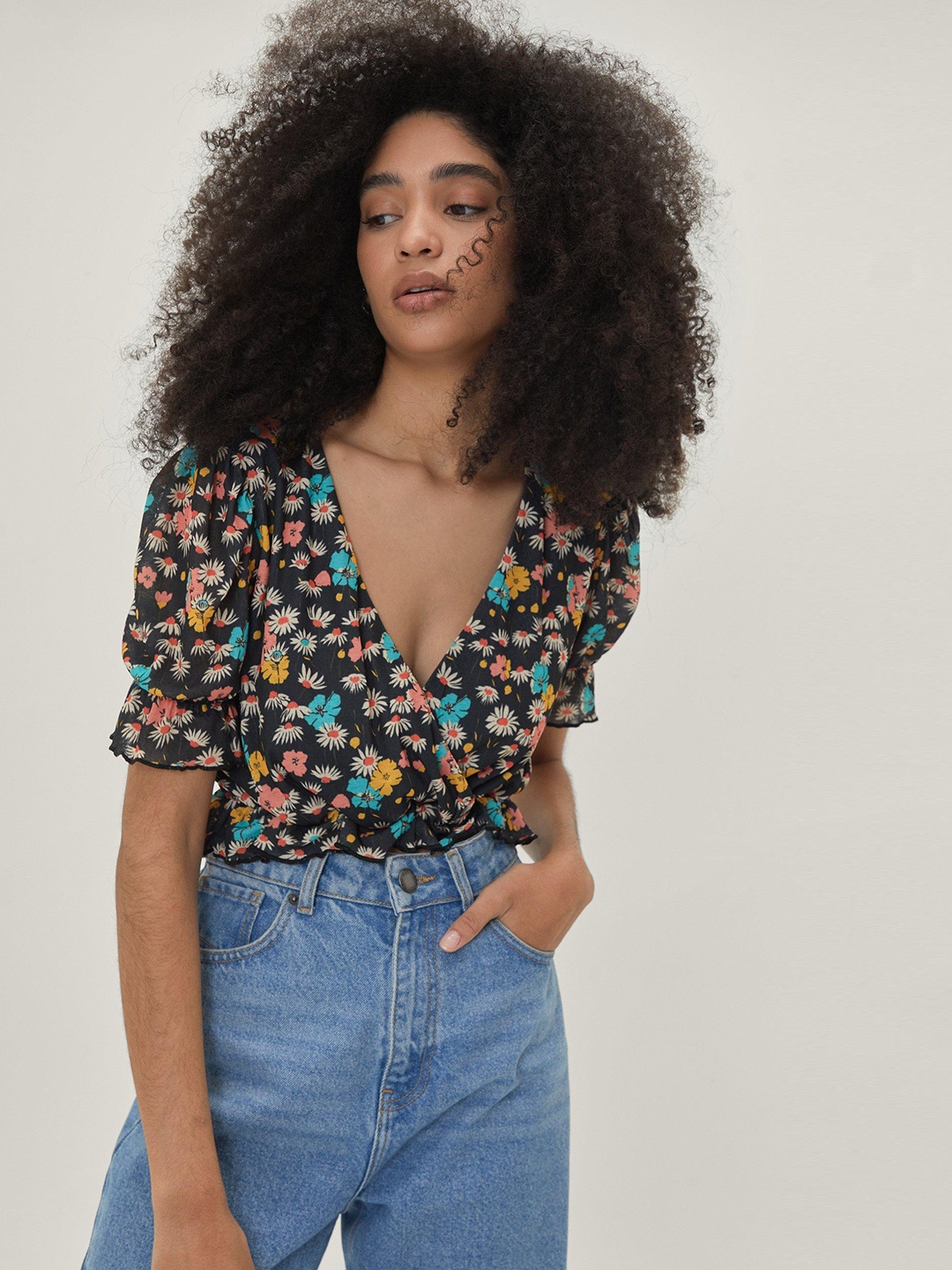 

NASTY GAL Black & Pink Floral Print Wrap Top
