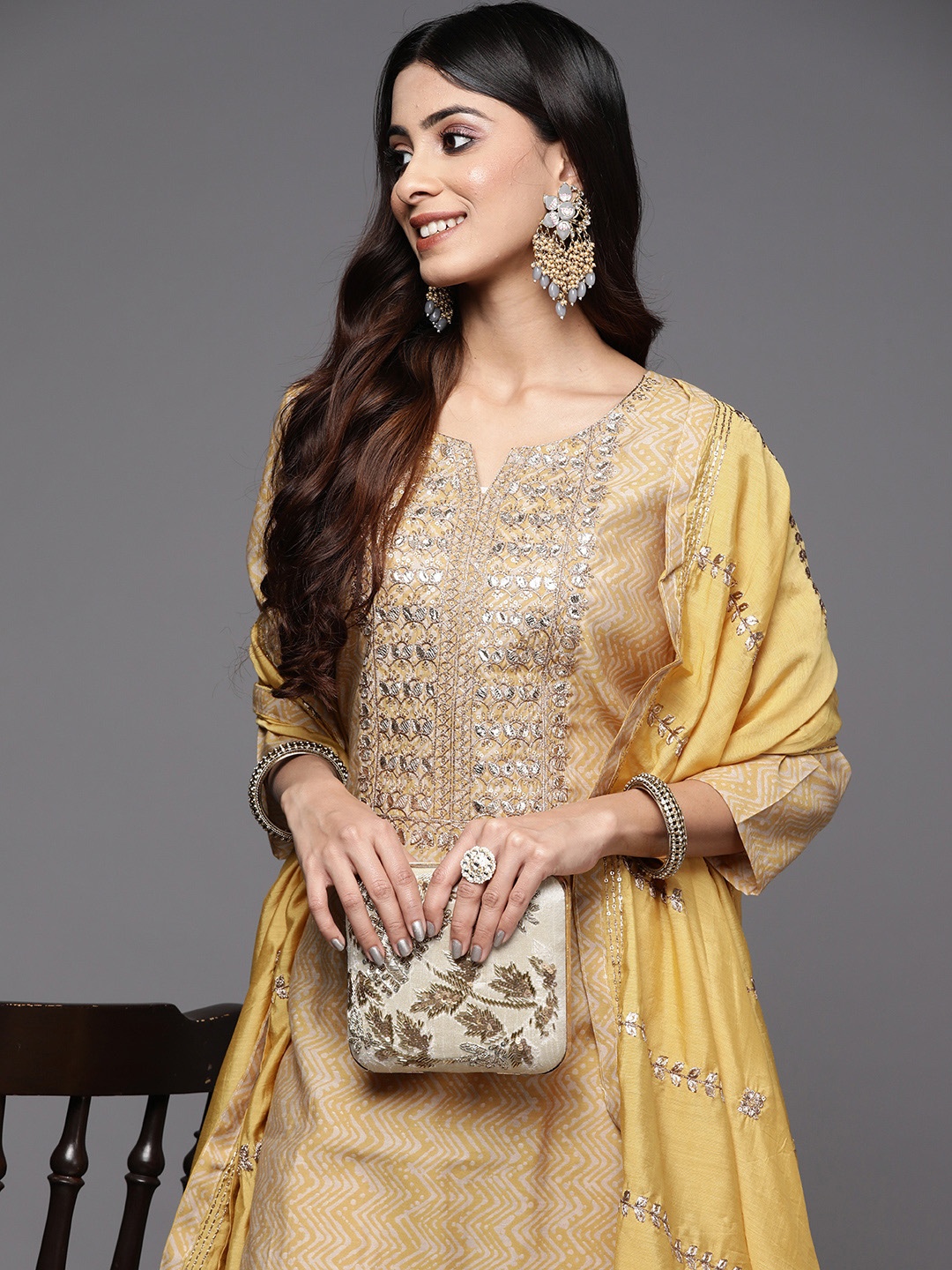 

Varanga Women Mustard Yellow Ethnic Motifs Embroidered Gotta Patti Kurta with Trousers & With Dupatta