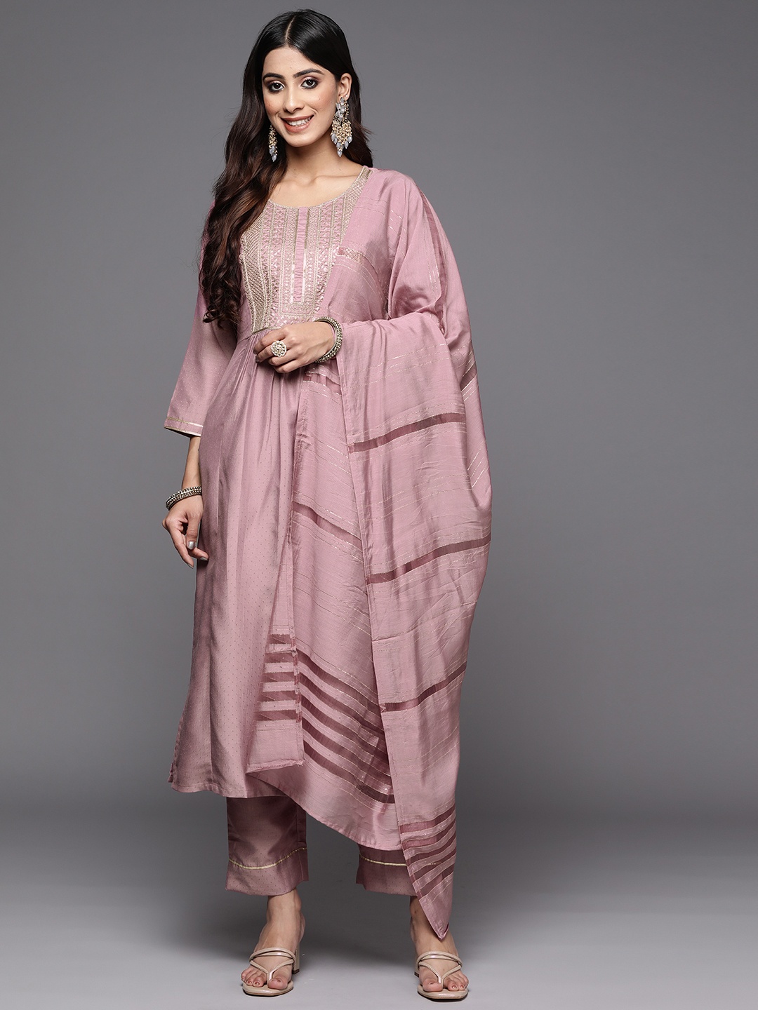 

Varanga Women Rose Embroidered Empire Kurta with Trousers & With Dupatta