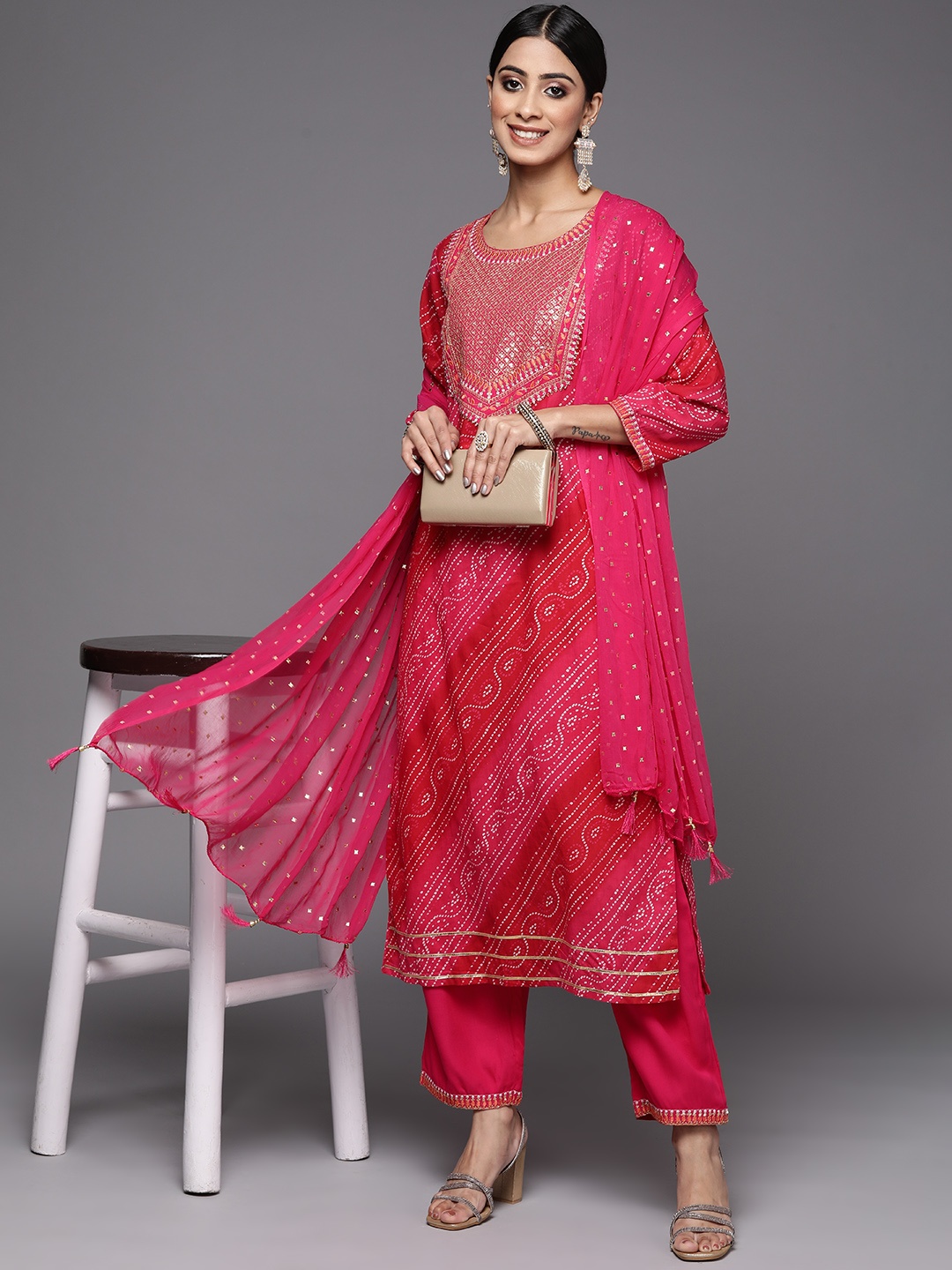 

Varanga Women Pink Bandhani Yoke Design Pure Cotton Kurta with Trousers & With Dupatta
