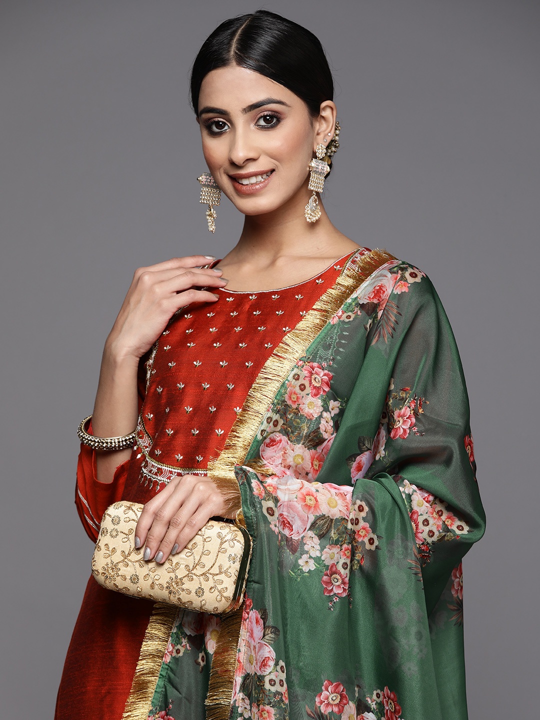 

Varanga Women Maroon Yoke Design Kurta with Trousers & With Dupatta