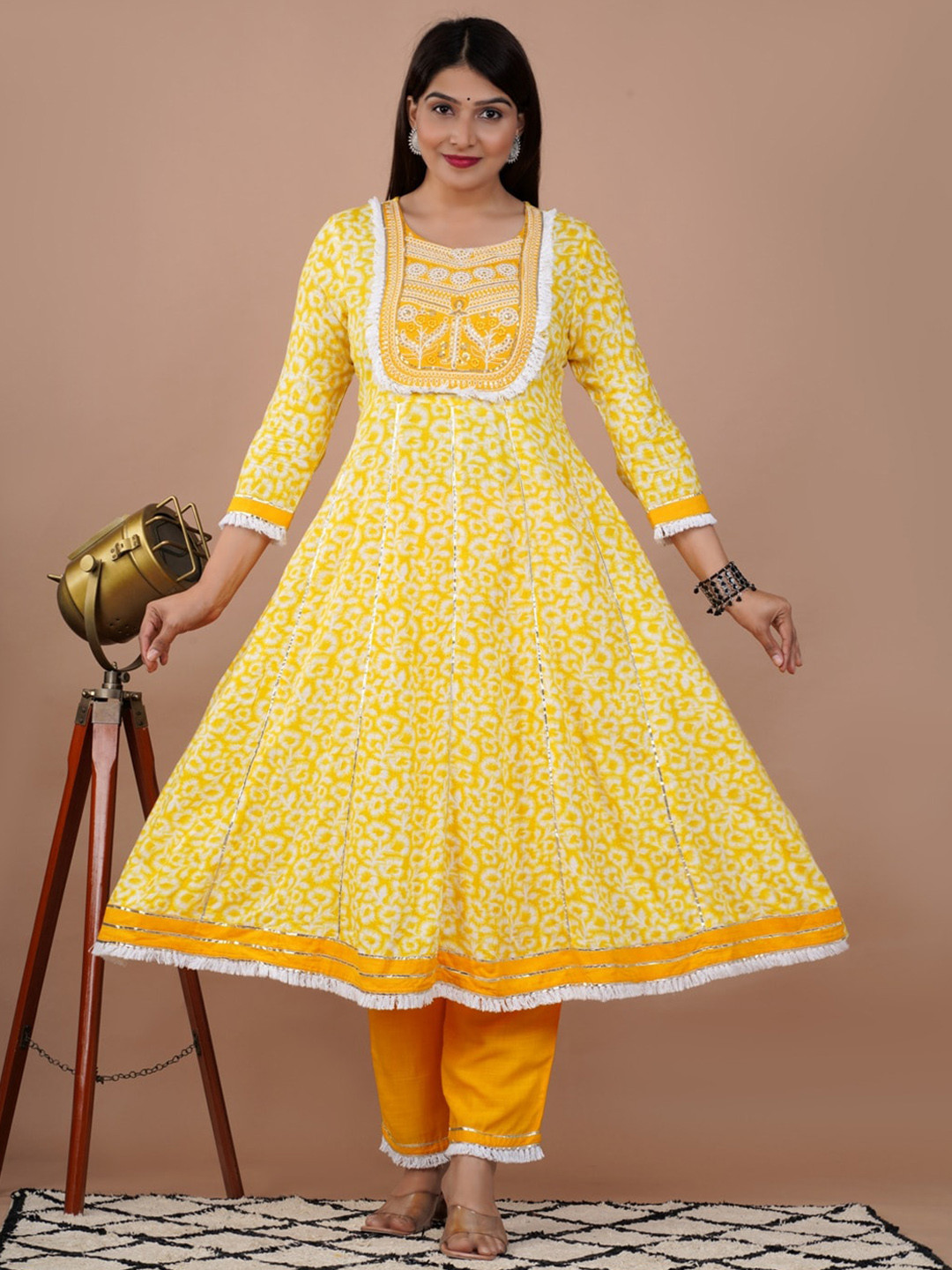 

UNISETS Yellow Floral Printed Panelled Sequinned Kurta with Trousers & With Dupatta