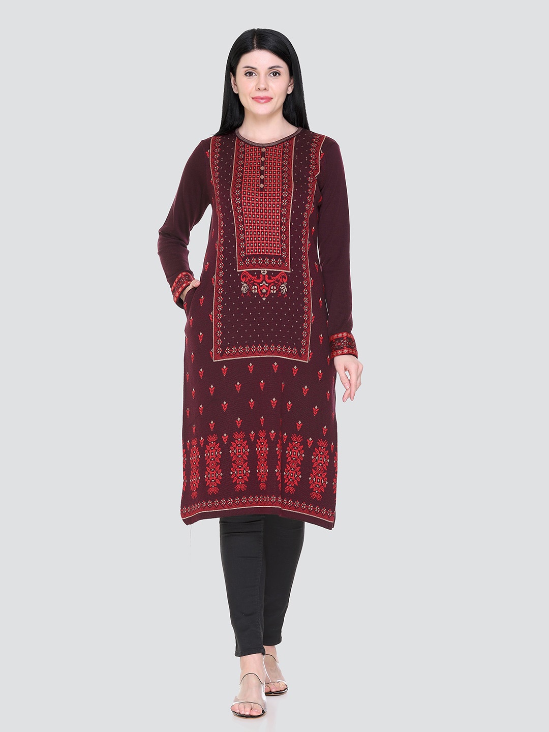 

KEIKO Women Maroon & Red Ethnic Motifs Printed Acrylic Straight Kurta