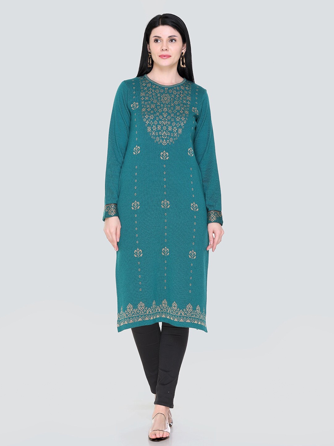 

KEIKO Women Teal Blue & Beige Ethnic Motifs Printed Acrylic Straight Kurta