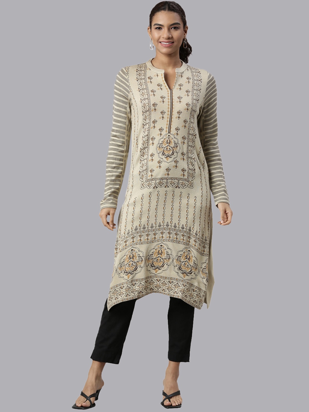 

Neerus Ethnic Motifs Printed Acrylic Kurta, Camel brown