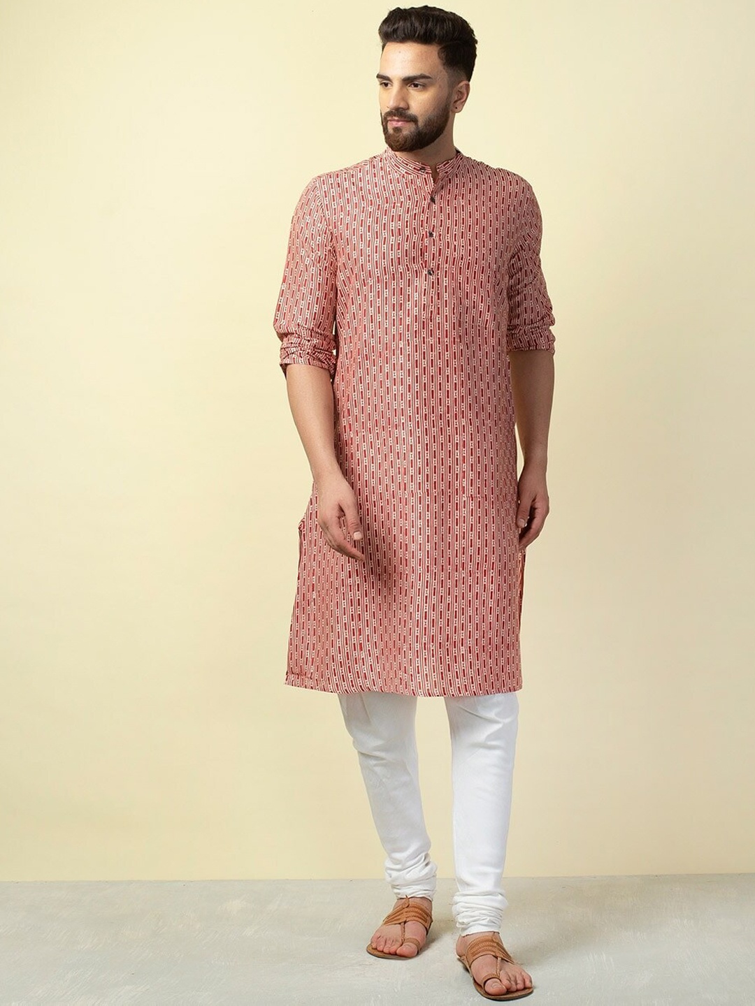 

Fabindia Men Geometric Printed Kurta, Coral