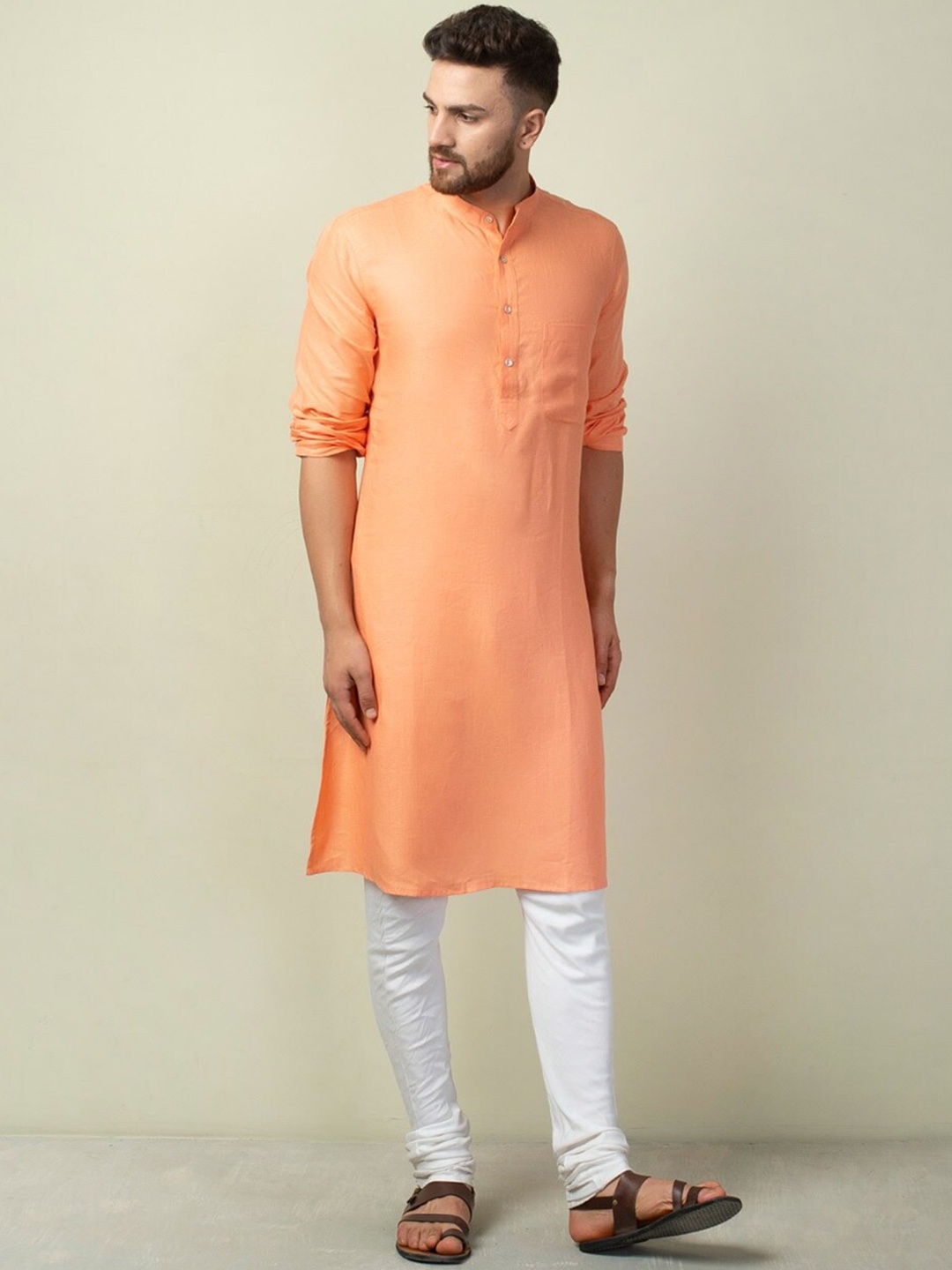 

Fabindia Men Mandarin Collar Kurta, Peach