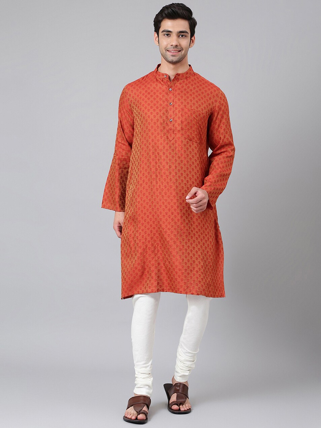 

Fabindia Men Rust Geometric Woven Design Mandarin Kurta