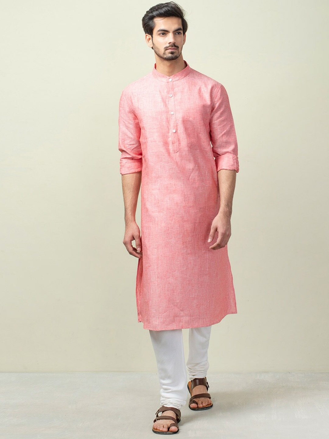 

Fabindia Men Mandarin collar Kurta, Pink