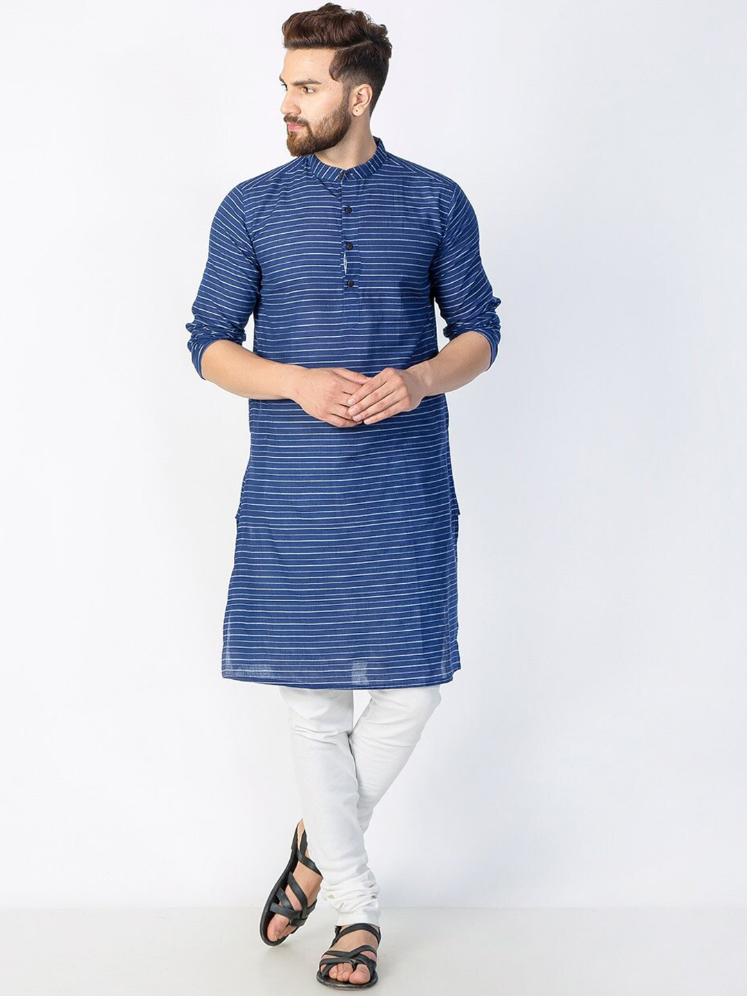

Fabindia Men Navy Blue Striped Cotton Kurta