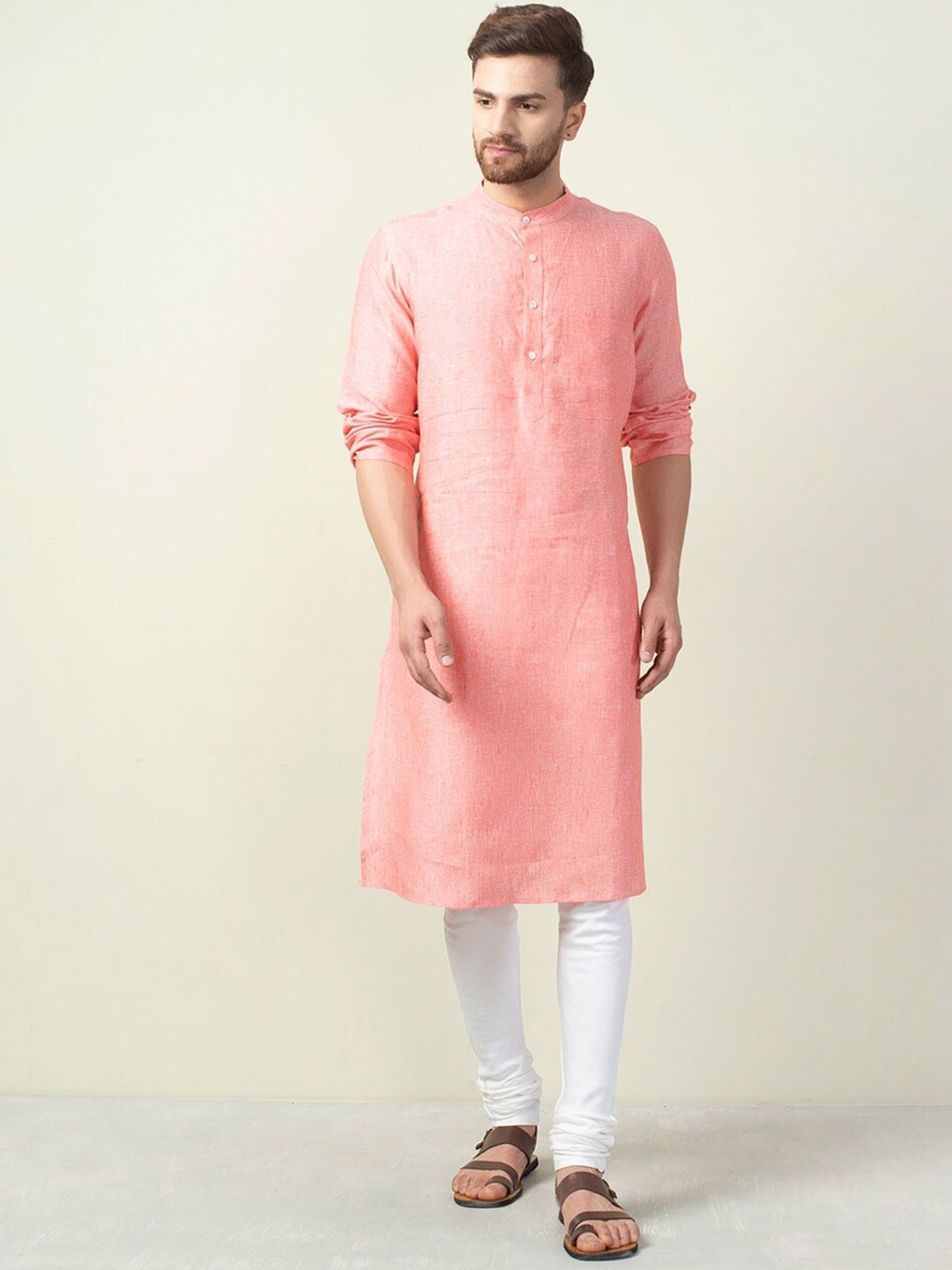 

Fabindia Men Pink Woven Design Pure Linen Kurta