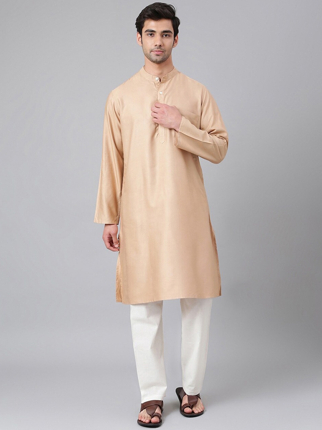 

Fabindia Mandarin Collar Long Sleeves Pure Silk Kurta, Beige