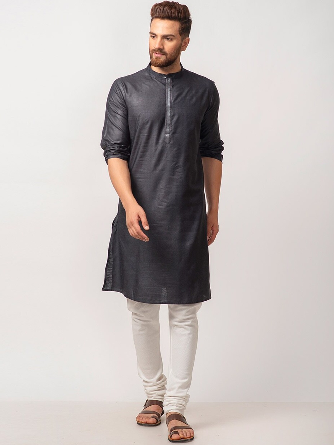 

Fabindia Mandarin Collar Long Sleeves Straight Fit Silk Kurta, Black
