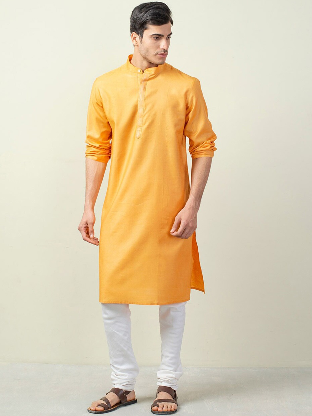 

Fabindia Mandarin Collar Long Sleeves Pure Silk Kurta, Yellow