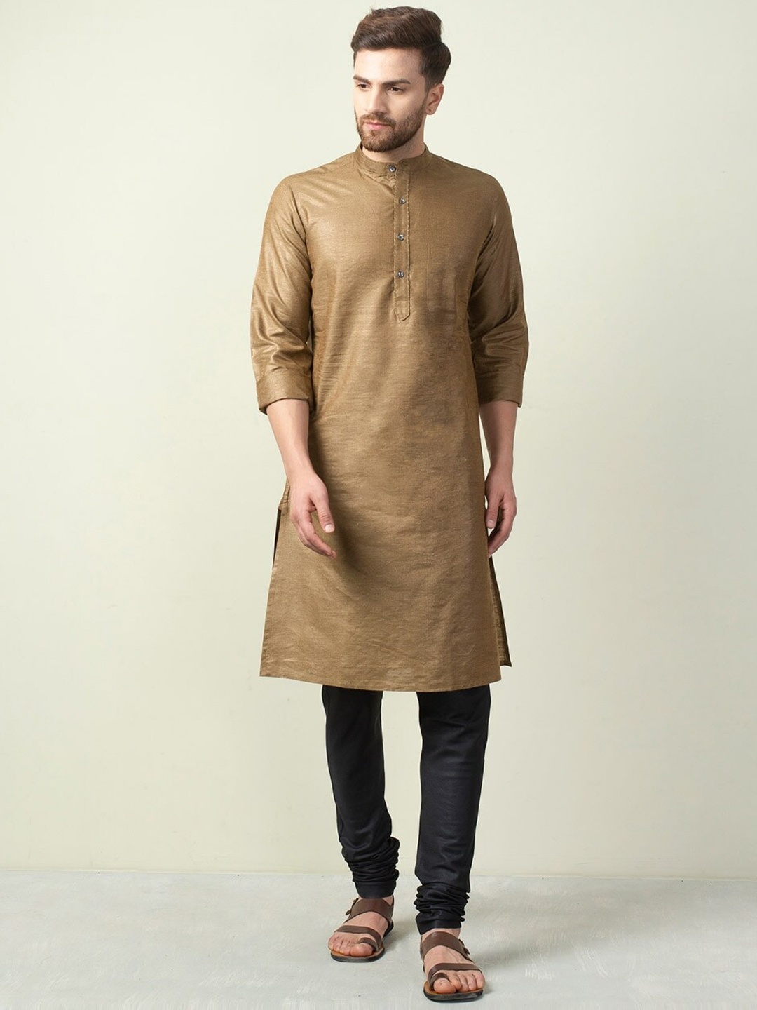 

Fabindia Men Olive Green Solid Mandarin Collar Kurta