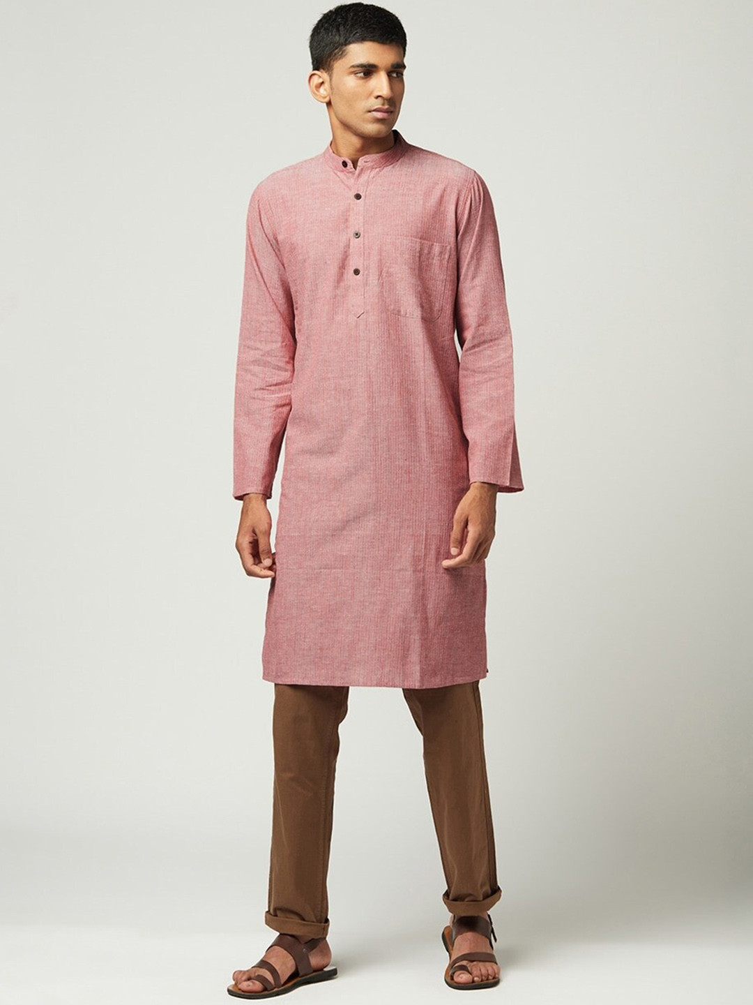 

Fabindia Men Red Striped Mandarin Collar Kurta