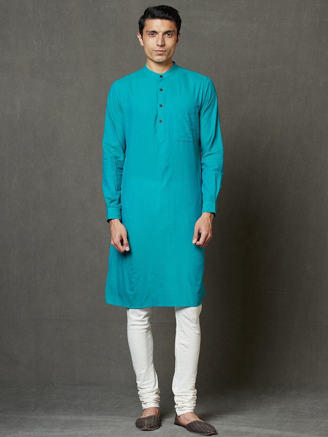 

Fabindia Men Turquoise Blue Mandarin Collar Cotton Kurta