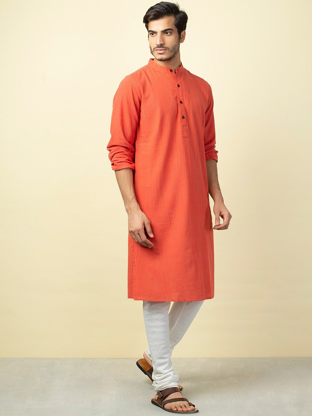 

Fabindia Men Orange Mandarin Collar Cotton Kurta