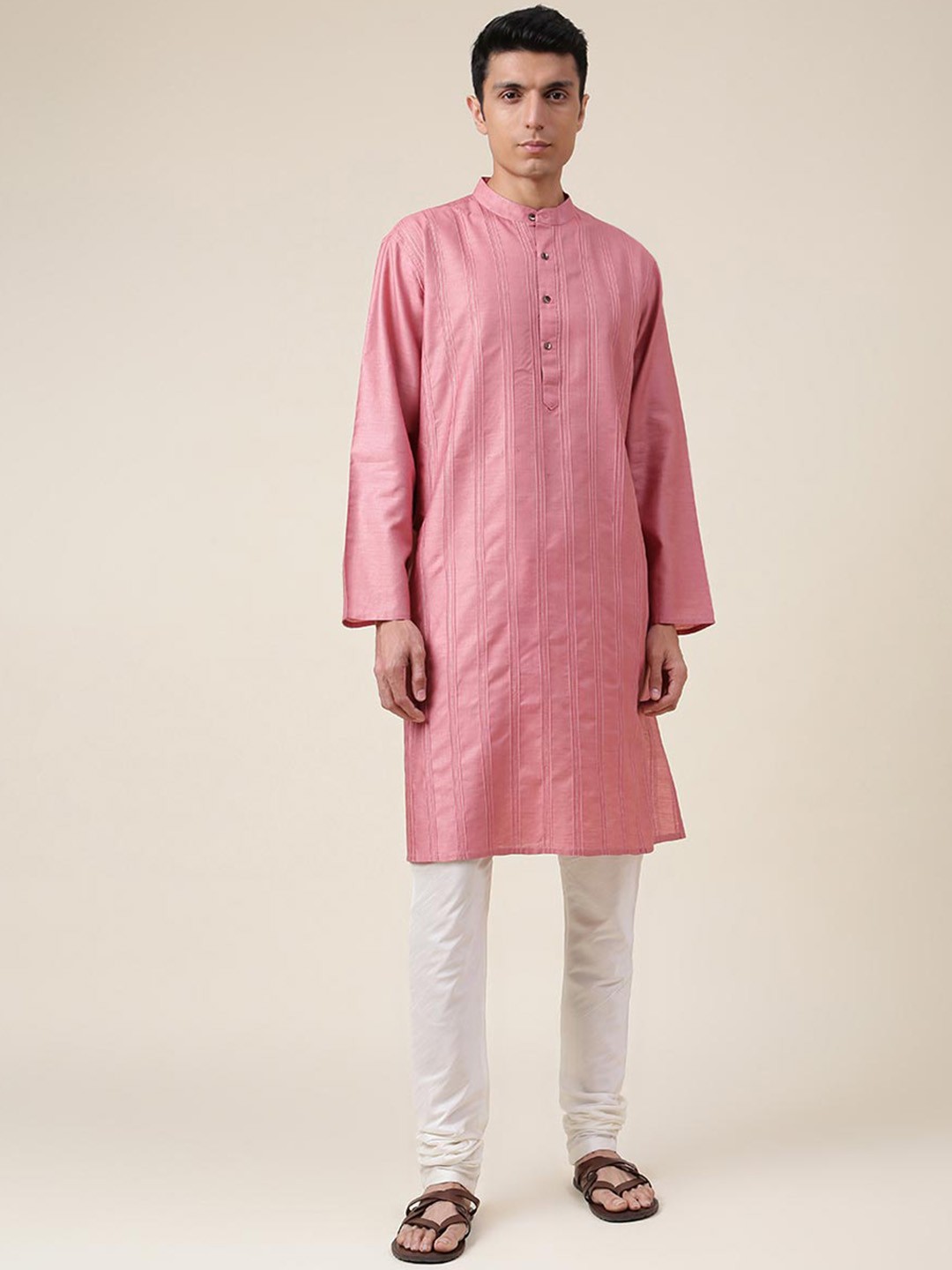 

Fabindia Men Pink Woven Design Mandarin Collar Silk Kurta
