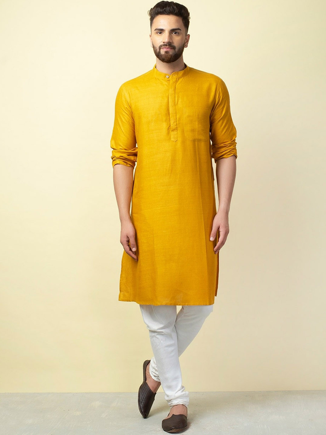 

Fabindia Men Mustard Yellow Mandarin Collar Regular Silk Kurta