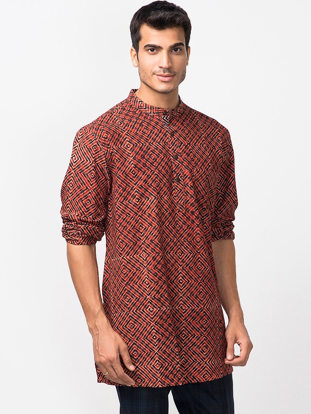 

Fabindia Geometric Woven Design Mandarin Collar Cotton Kurta, Orange