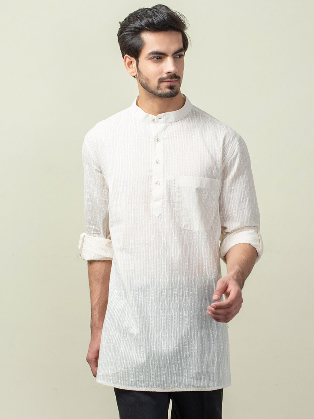 

Fabindia Geometric Woven Mandarin Collar Cotton Kurta, White