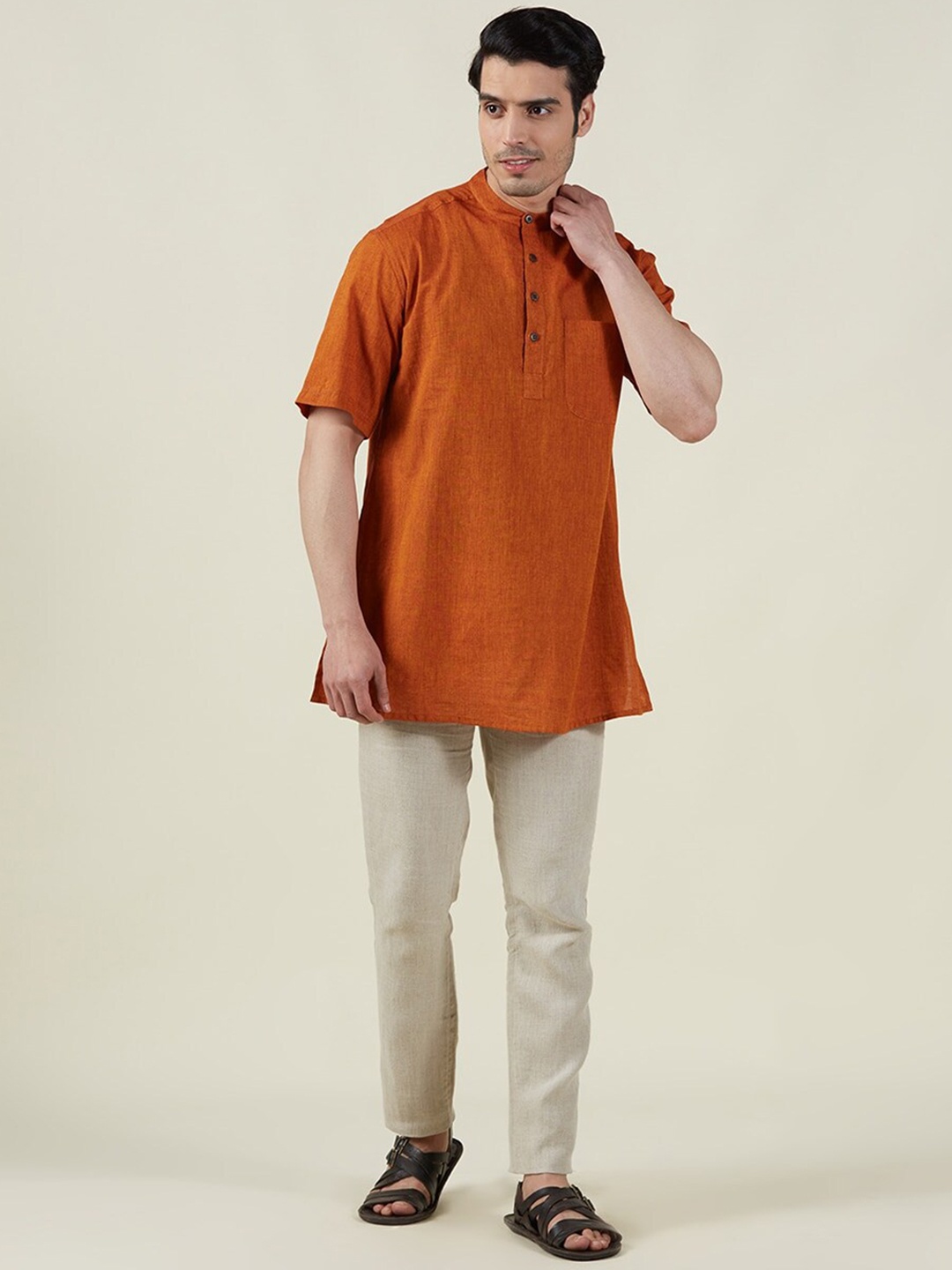 

Fabindia Mandarin Collar Straight Regular Cotton Kurta, Brown
