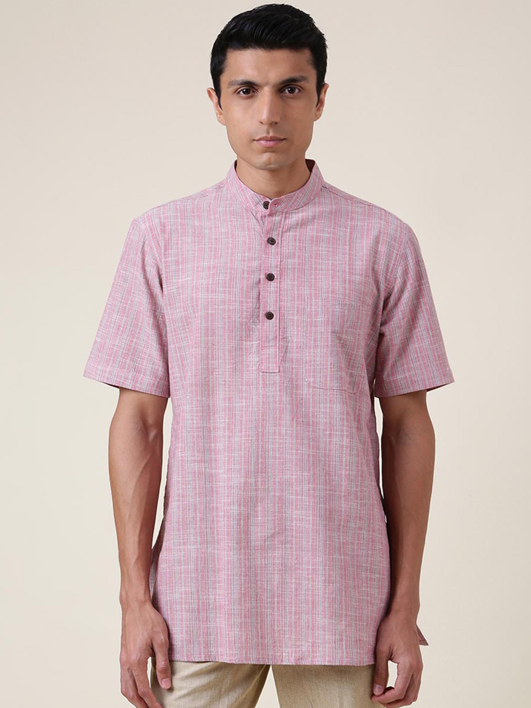 

Fabindia Men Pink Mandarin Collar Regular Cotton Kurta