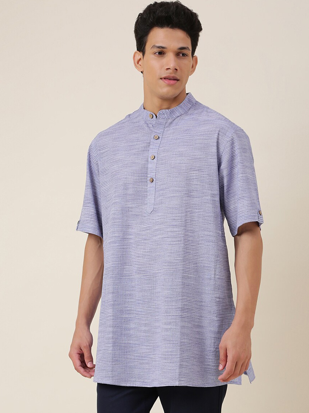 

Fabindia Striped Mandarin Collar Cotton Kurta, Blue