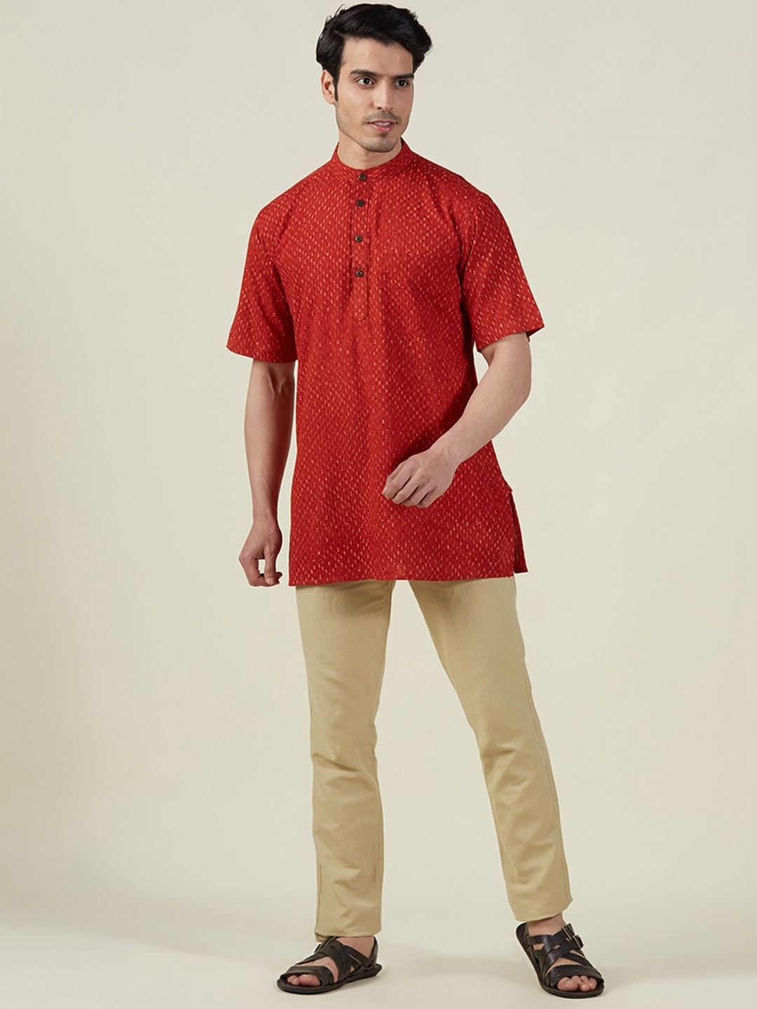 

Fabindia Men Red Thread Work Pathani Kurta