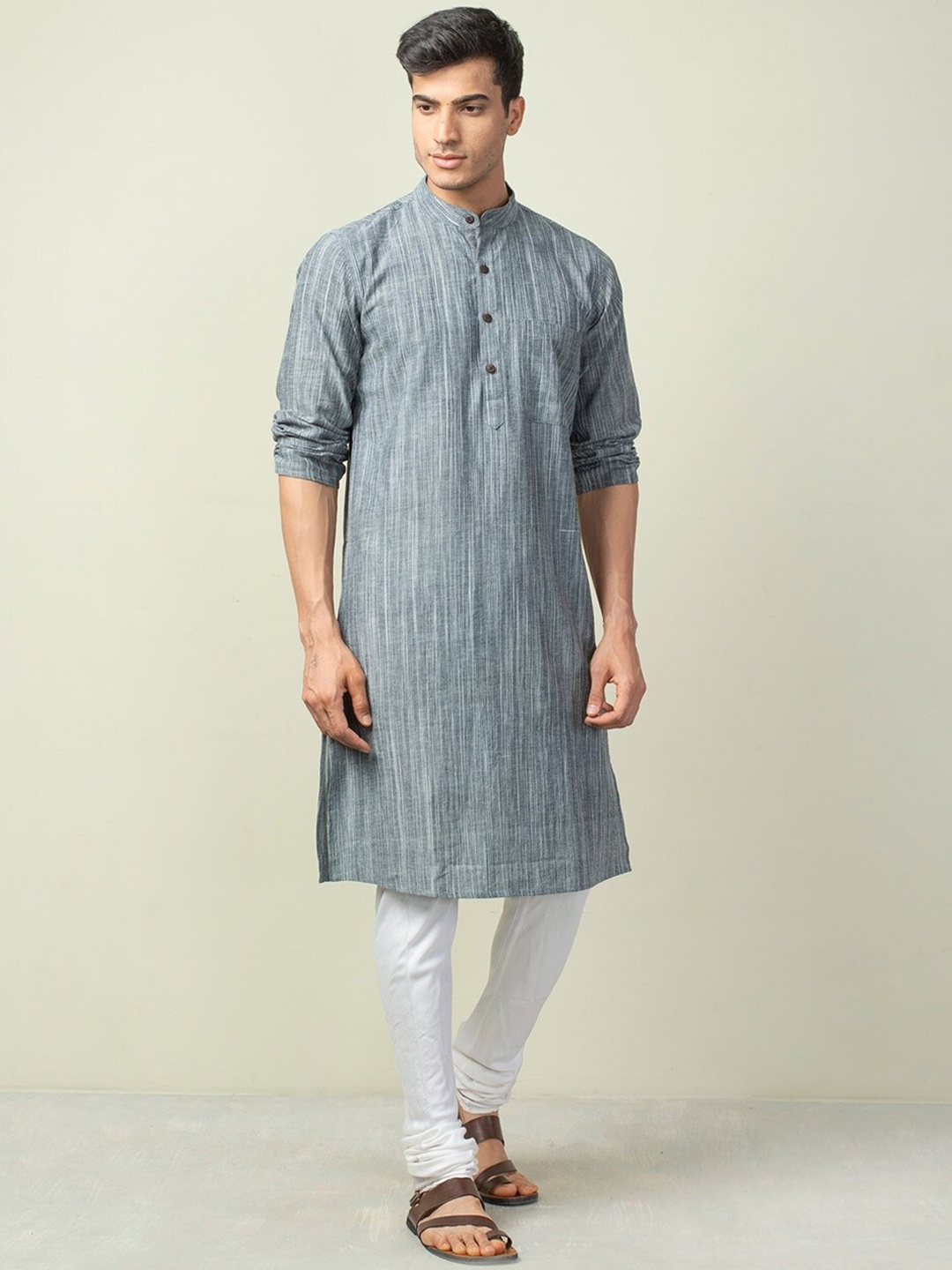 

Fabindia Men Grey Striped Pure Cotton Kurta