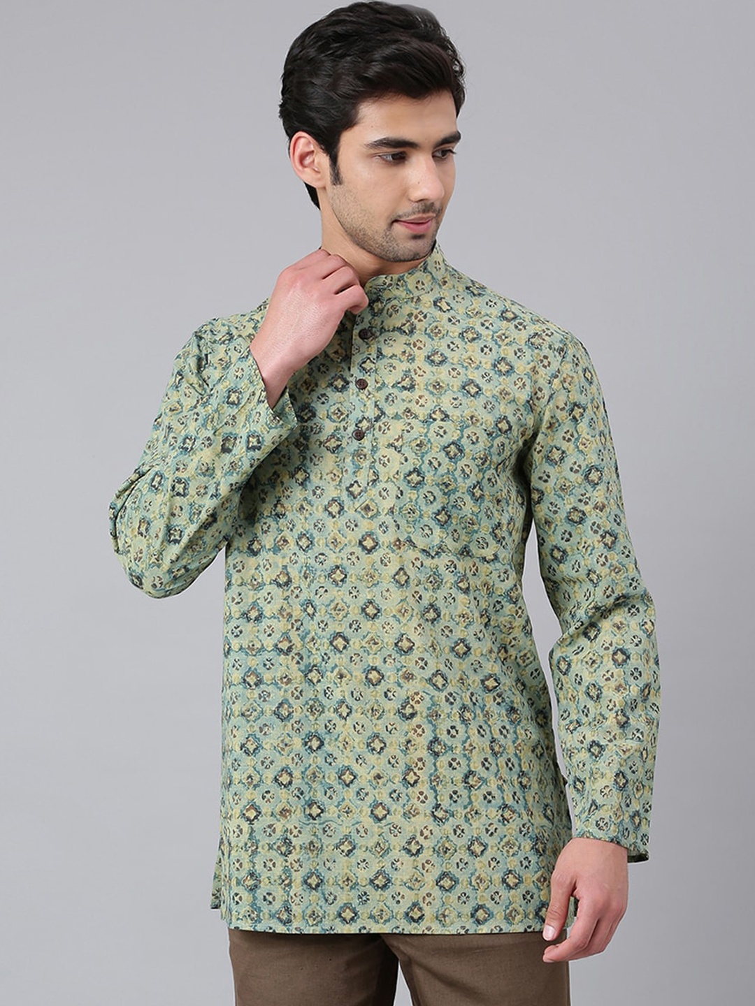 

Fabindia Men Green Printed Cotton Kurta