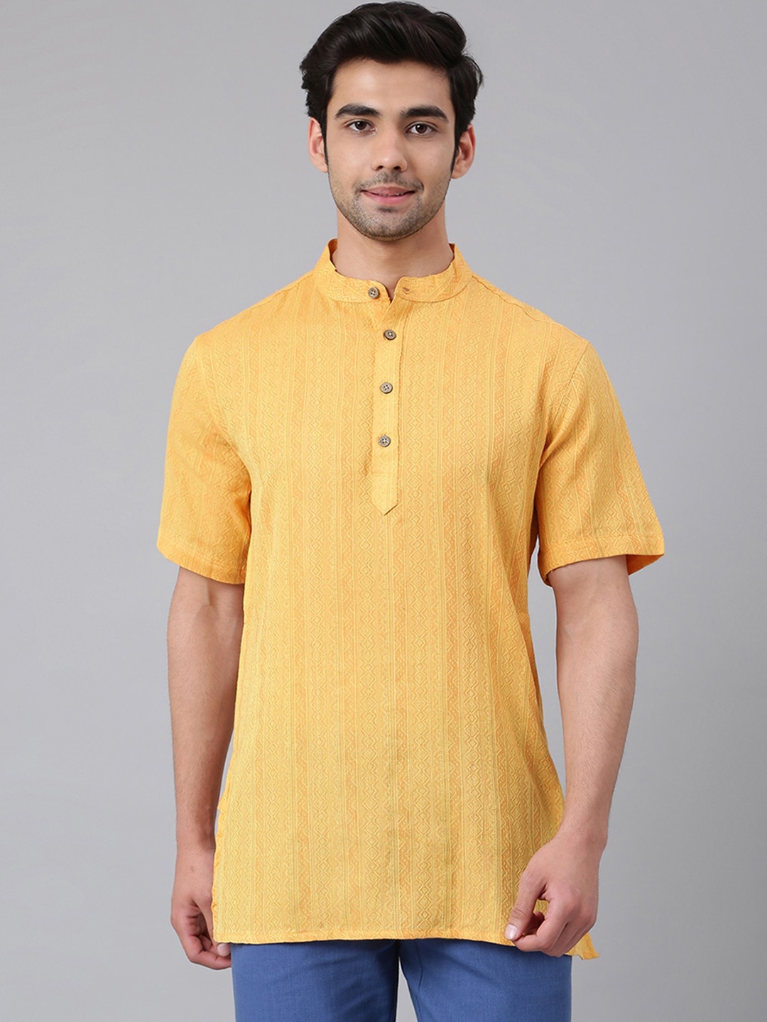 

Fabindia Men Mustard Yellow Printed Cotton Kurta