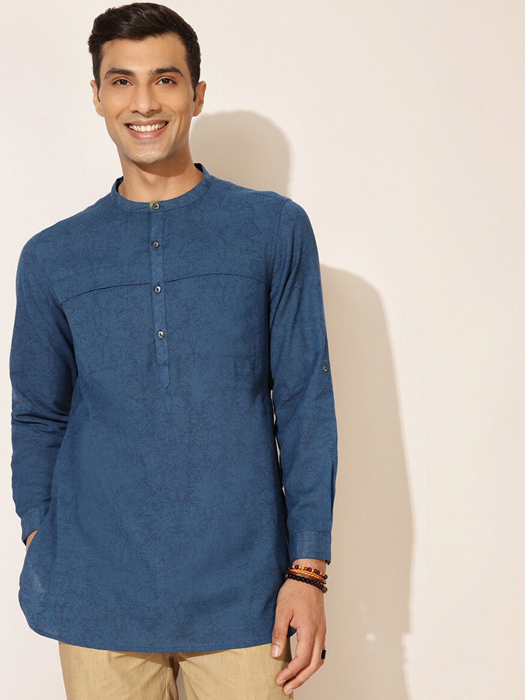 

Fabindia FabBasic Men Navy Blue Mandarin Collar Cotton Kurta
