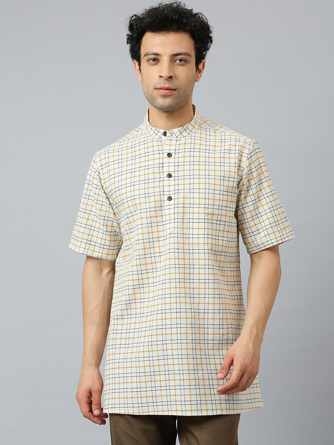 

Fabindia Men White & Yellow Checked Cotton Kurta