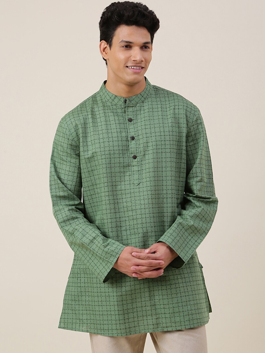 

Fabindia Men Green Checked Linen A- Line Kurta