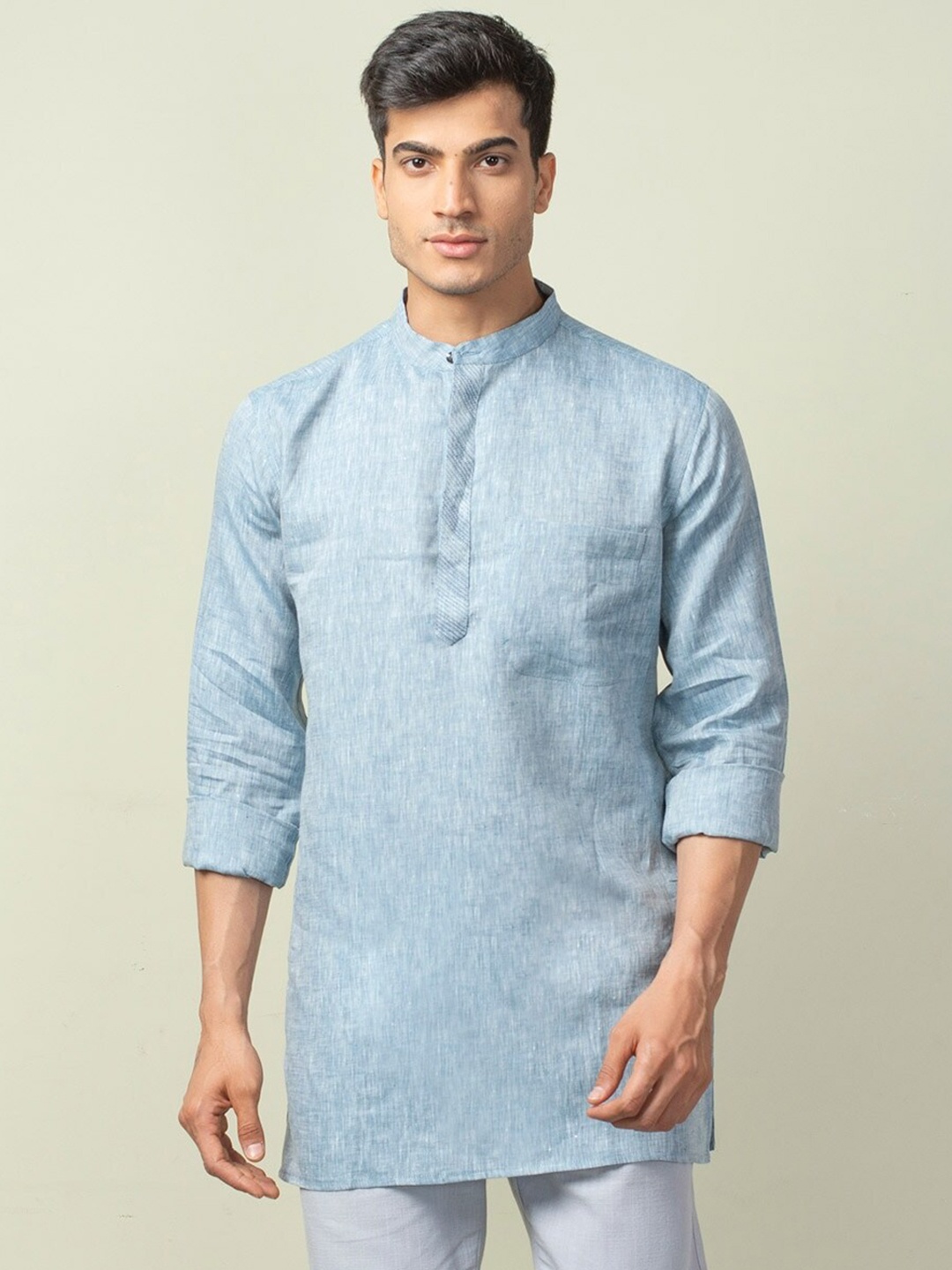 

Fabindia Mandarin Collar Long Sleeves Straight Fit Linen Kurta, Blue