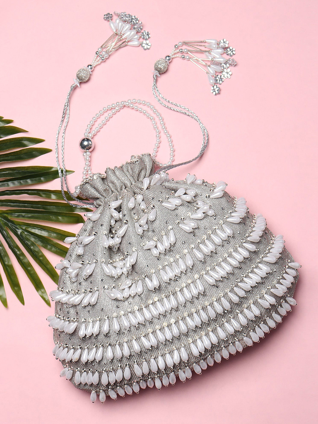 

MODARTA Silver-Toned & White Embellished Potli Clutch