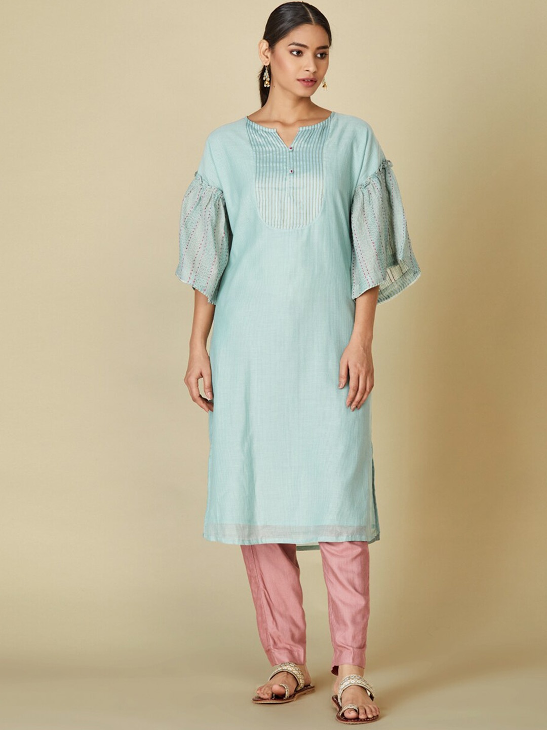 

Fabindia Women Blue Striped Flared Sleeves Kurta