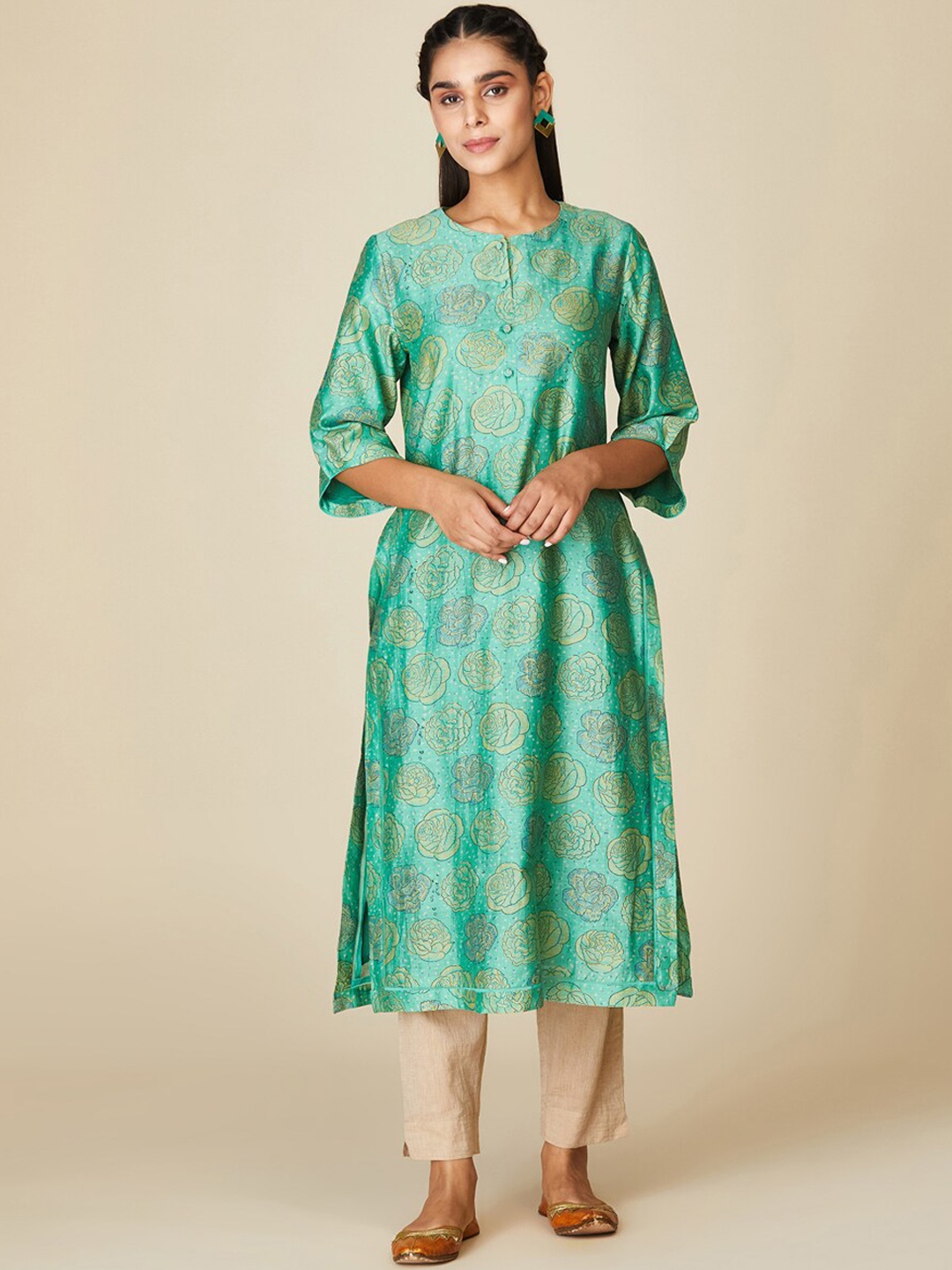 

Fabindia Women Green Floral Printed Kurta