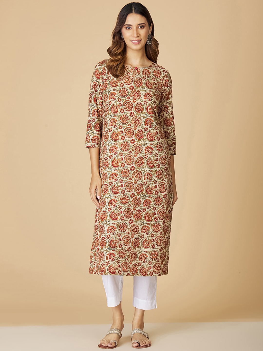 

Fabindia Women Beige Floral Printed Keyhole Neck Kurta