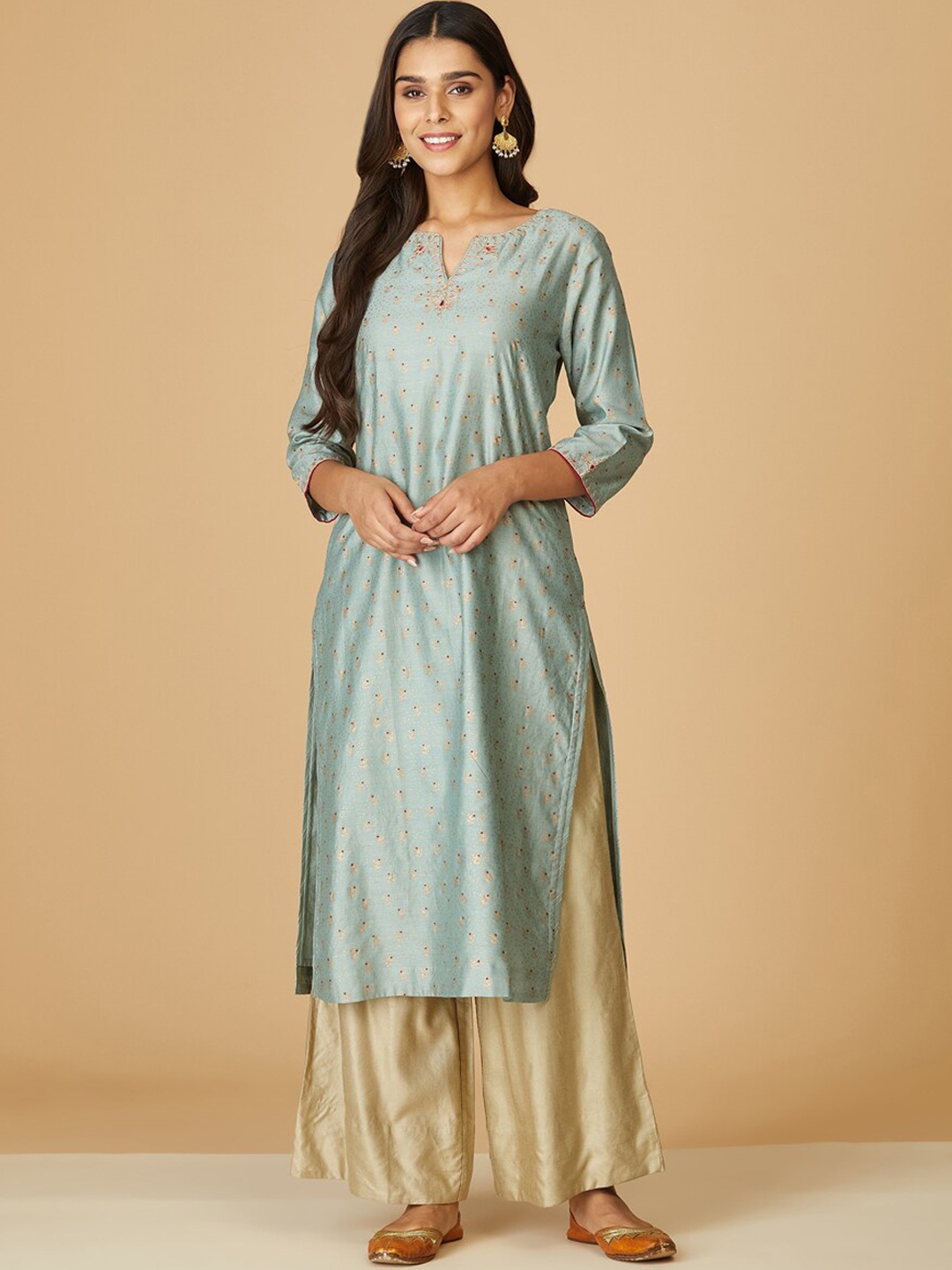 

Fabindia Teal & Gold-Toned Ethnic Motifs Printed Cotton Silk Kurta