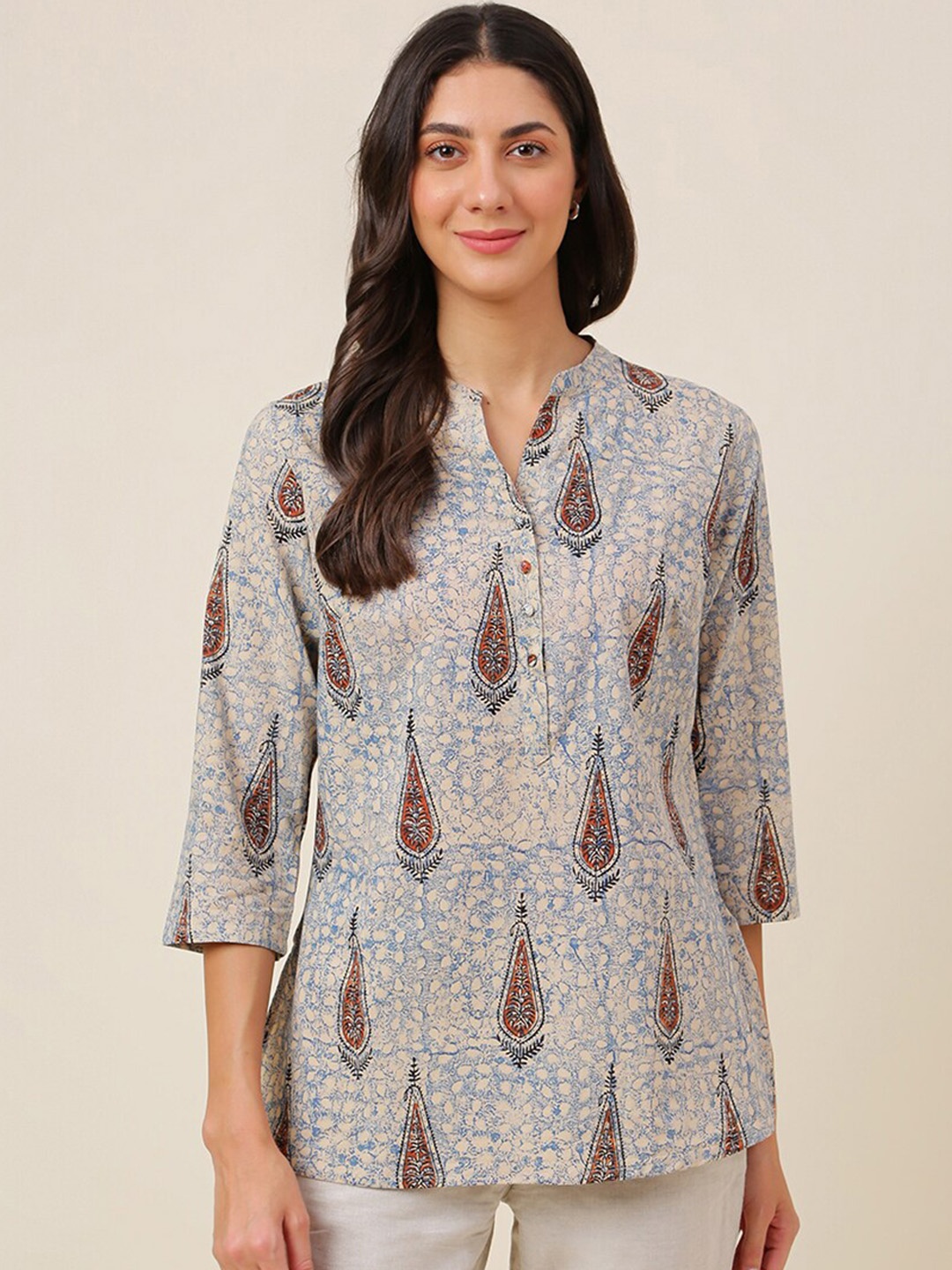 

Fabindia Cream & Blue Ethnic Motifs Printed Pure Cotton Kurti
