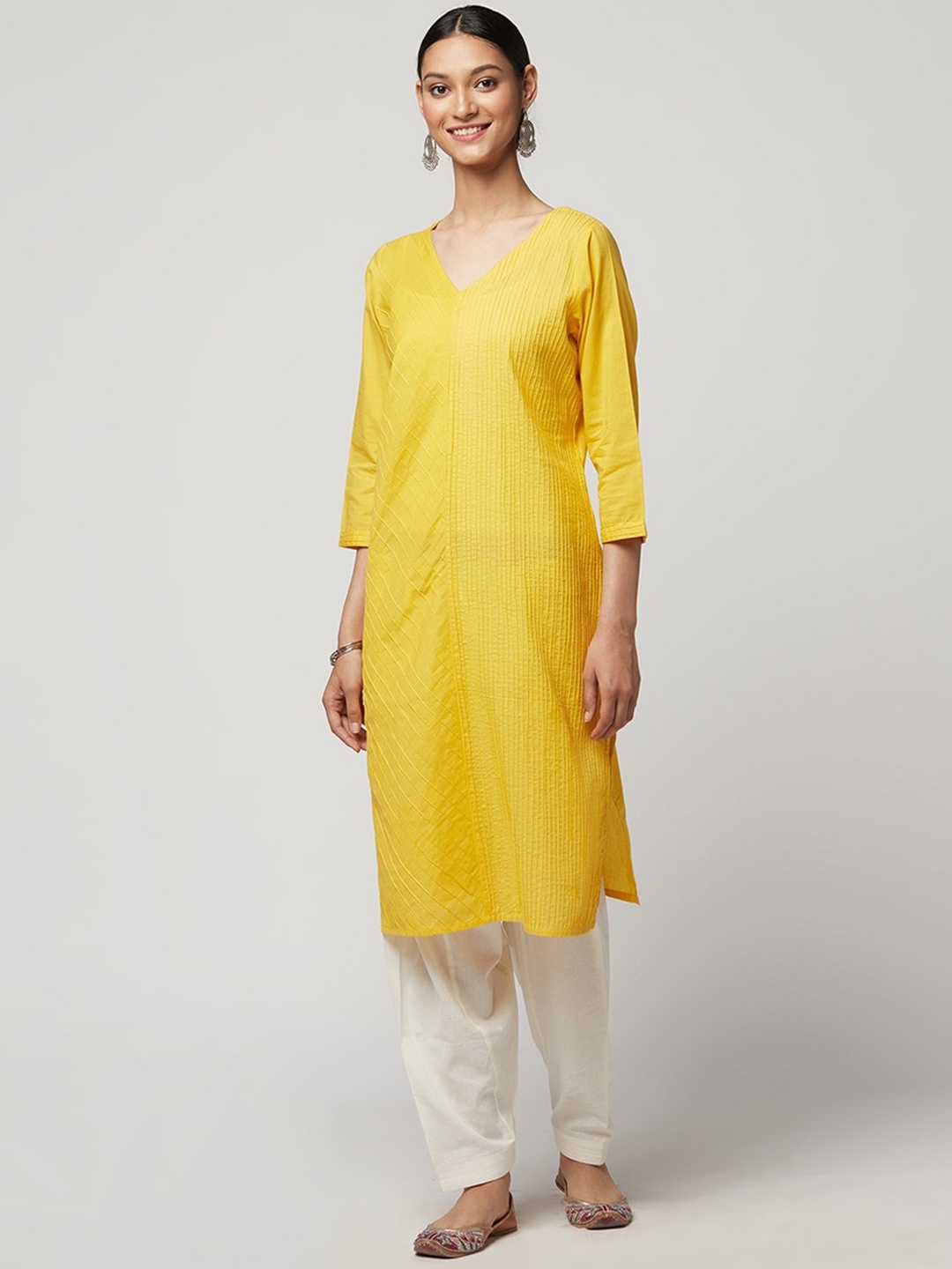 

Fabindia Women Yellow Cotton Striped Kurta