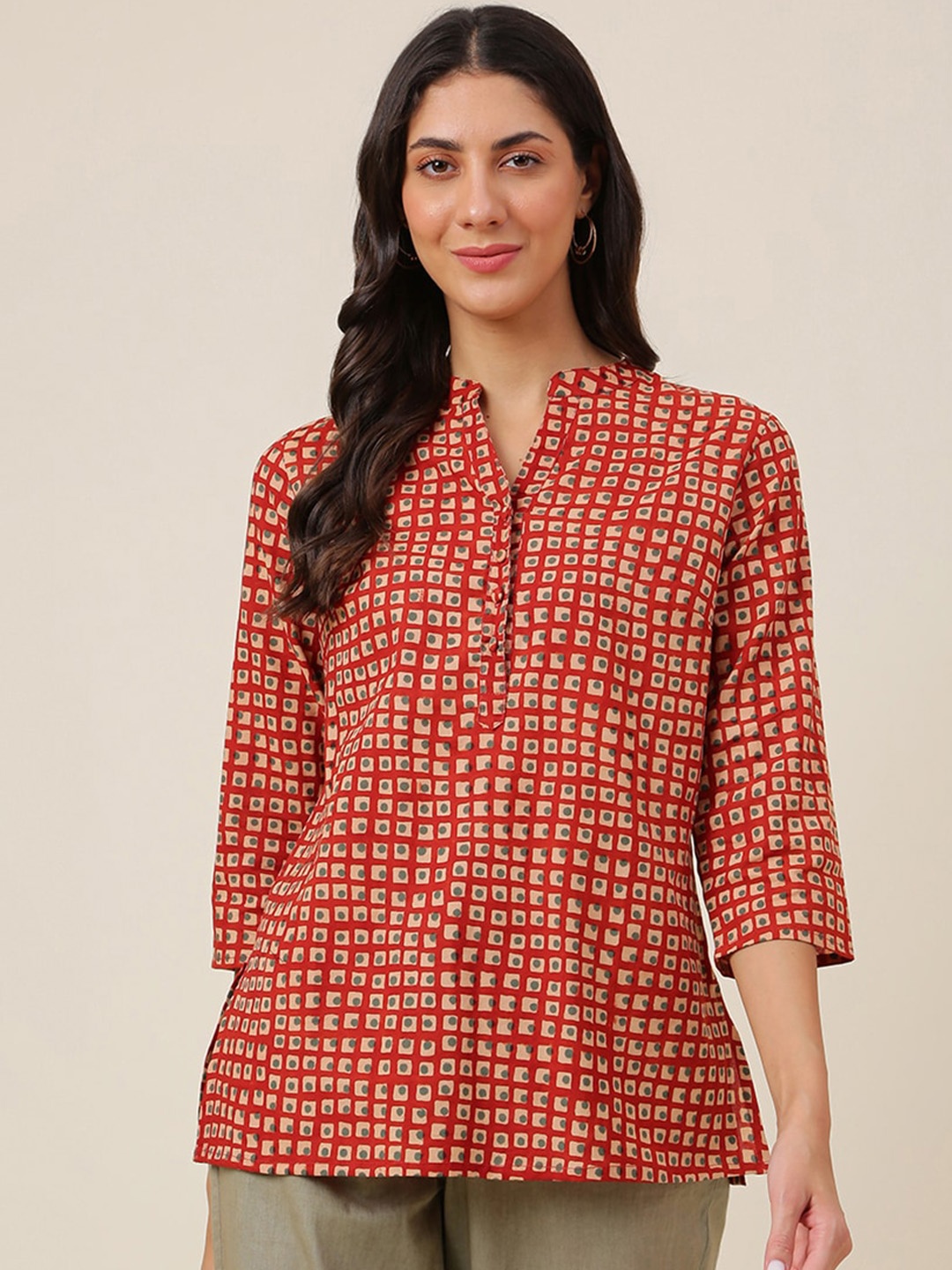 

Fabindia Rust Geometric Printed Pure Cotton Kurti