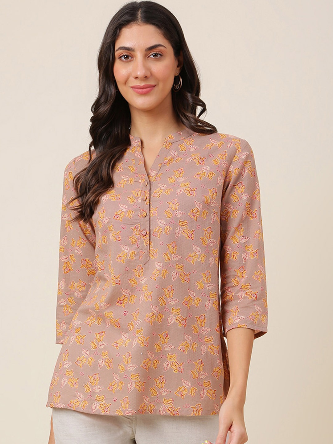 

Fabindia Beige Floral Printed Pure Cotton Kurti