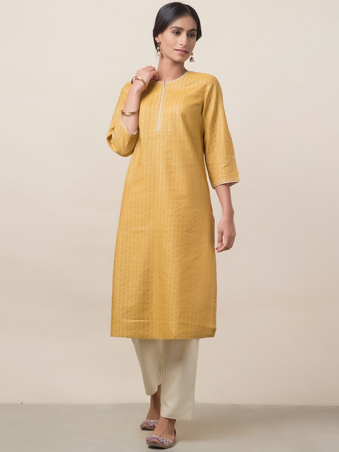 

Fabindia Round Neck Woven Design Striped Straight Fit Silk Kurta, Yellow
